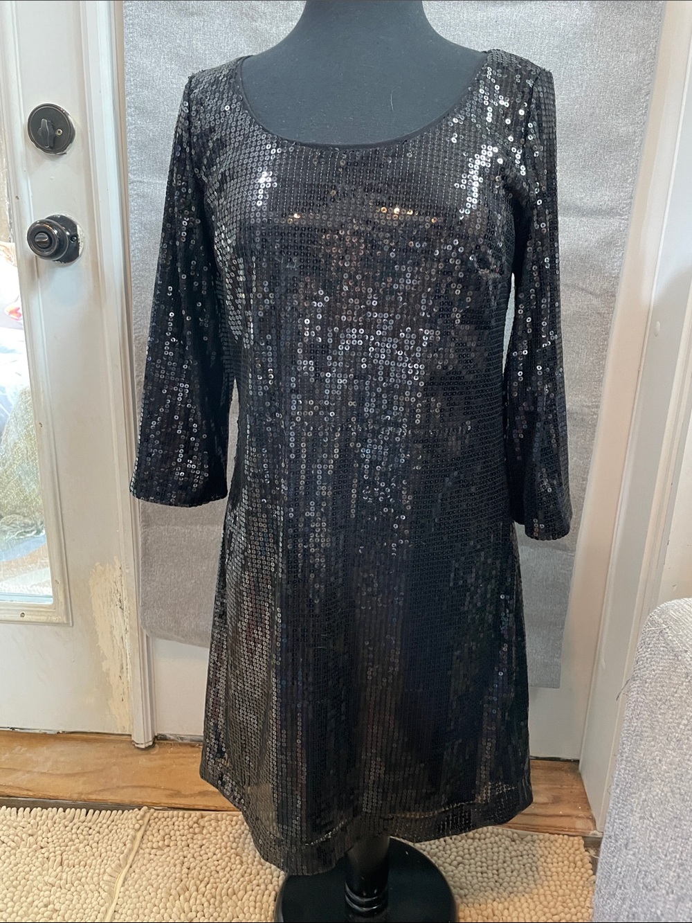 White House Black Market Black Sequin Scoop Neck Long Sleeve Dress
